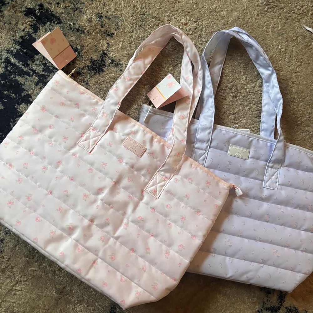 LoveShackFancy pink floral tote and blue floral tote bags